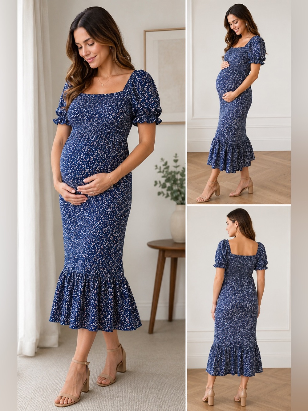 Blue Floral Smocked Puff Sleeve Maternity Midi Dress Size Medium